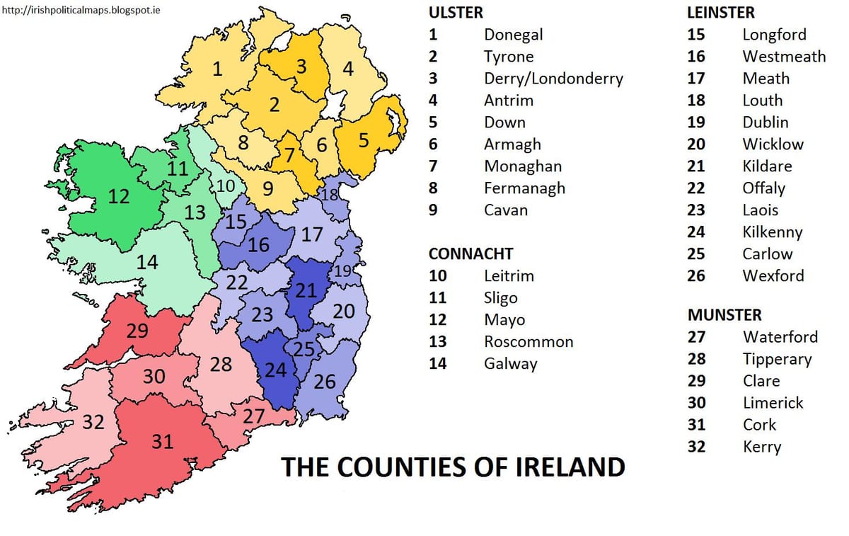 mapa ng ireland ng pagpapakita ng mga lalawigan